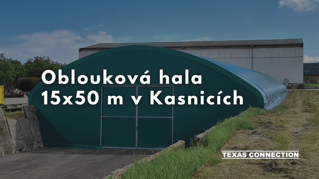 Oblouková hala 15x50 m v Kašnicích ROŽIVA a.s. pro skladování sena